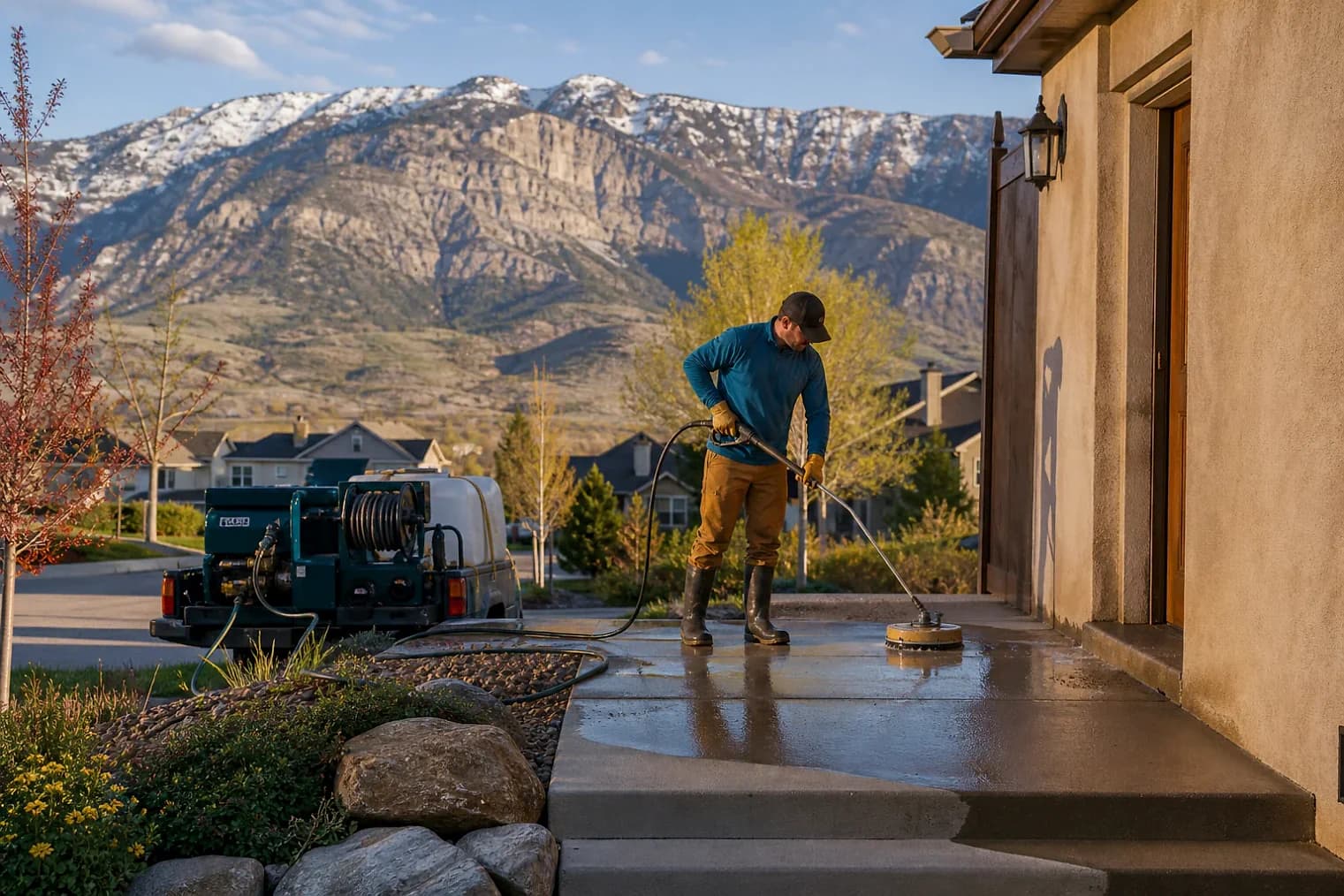 Exterior-cleaning scene inspired by Huntsville, Utah, with characteristic the Wasatch Front landscape