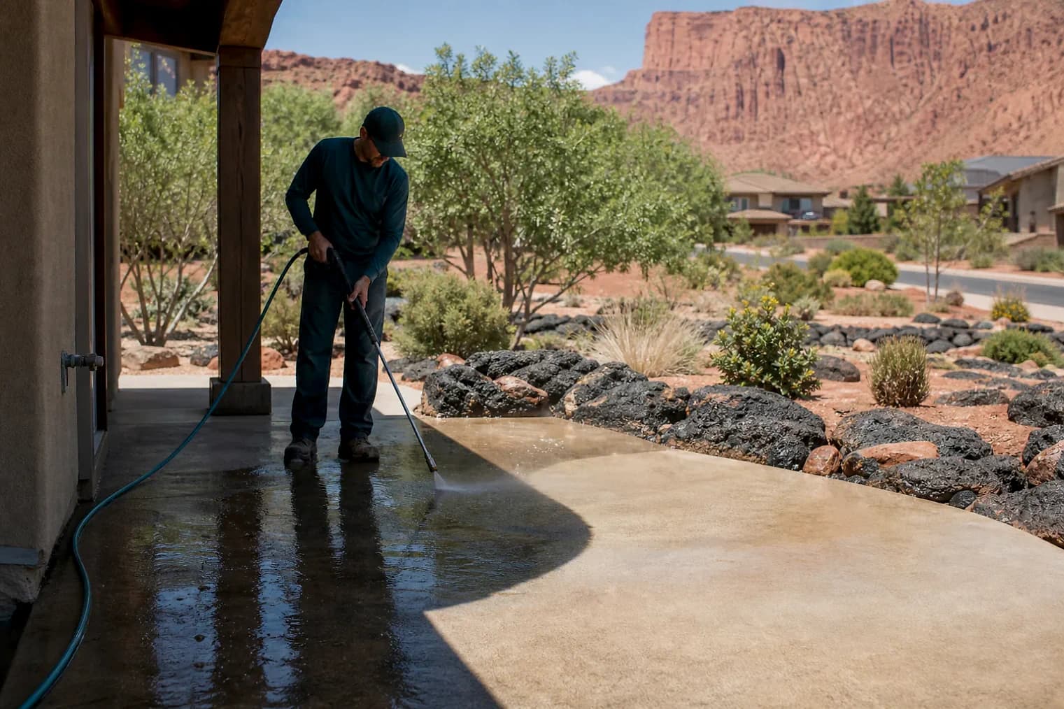 Exterior-cleaning scene inspired by Hurricane, Utah, with characteristic southwest Utah landscape