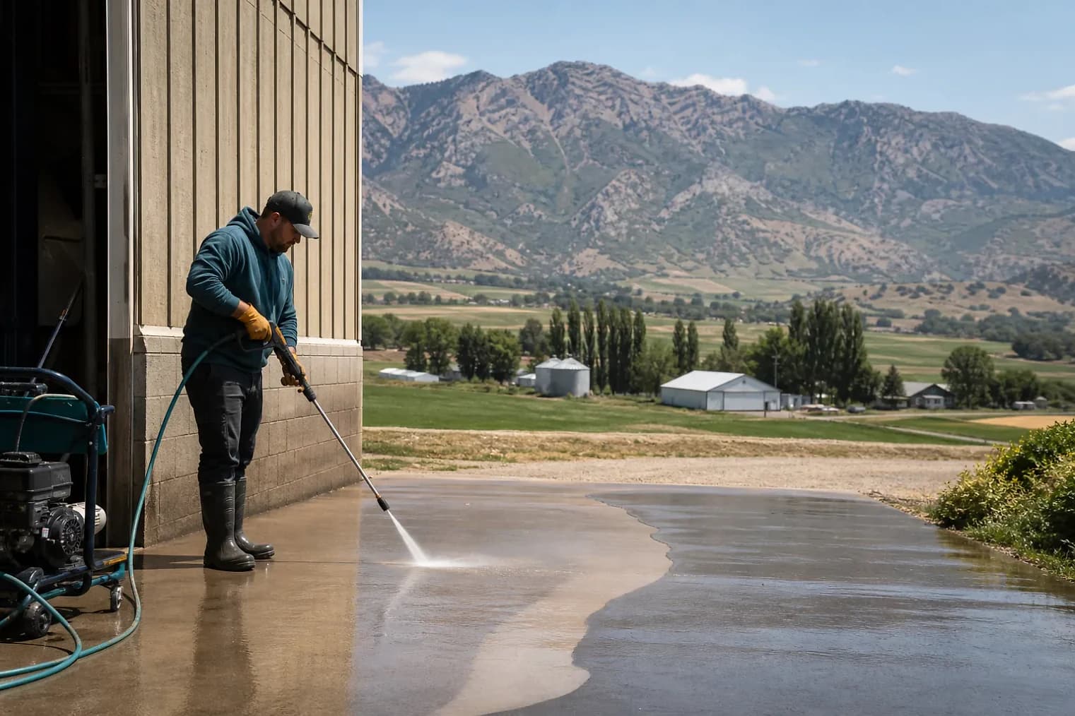 Exterior-cleaning scene inspired by Hyde Park, Utah, with characteristic Cache Valley and far northern Utah landscape