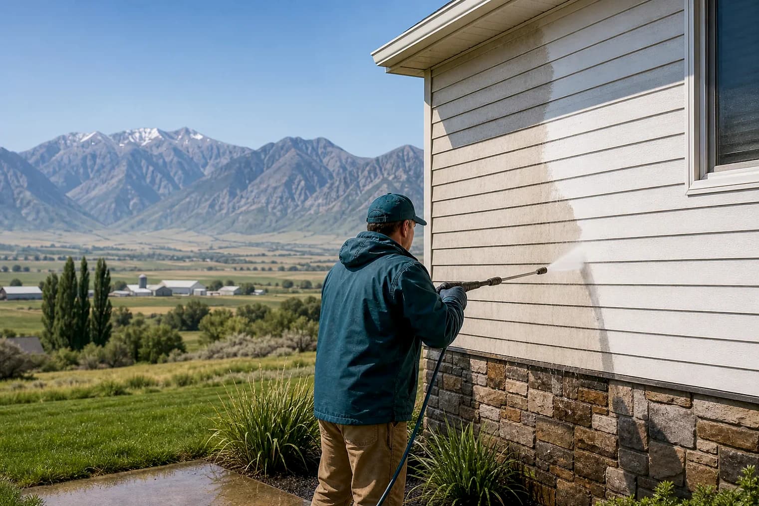 Exterior-cleaning scene inspired by Hyrum, Utah, with characteristic Cache Valley and far northern Utah landscape