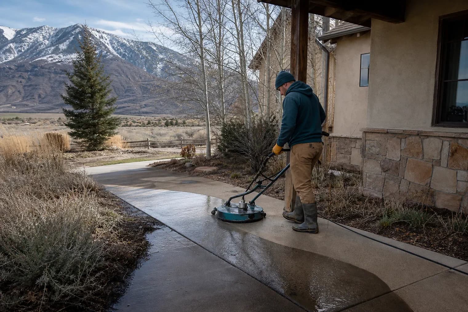 Exterior-cleaning scene inspired by Independence, Utah, with characteristic Utah's mountain valleys landscape