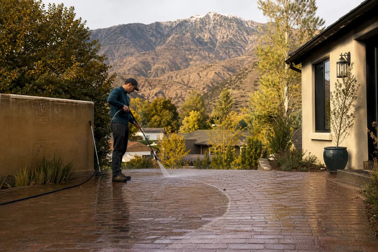 Exterior-cleaning scene inspired by Interlaken, Utah, with characteristic the Wasatch Front landscape