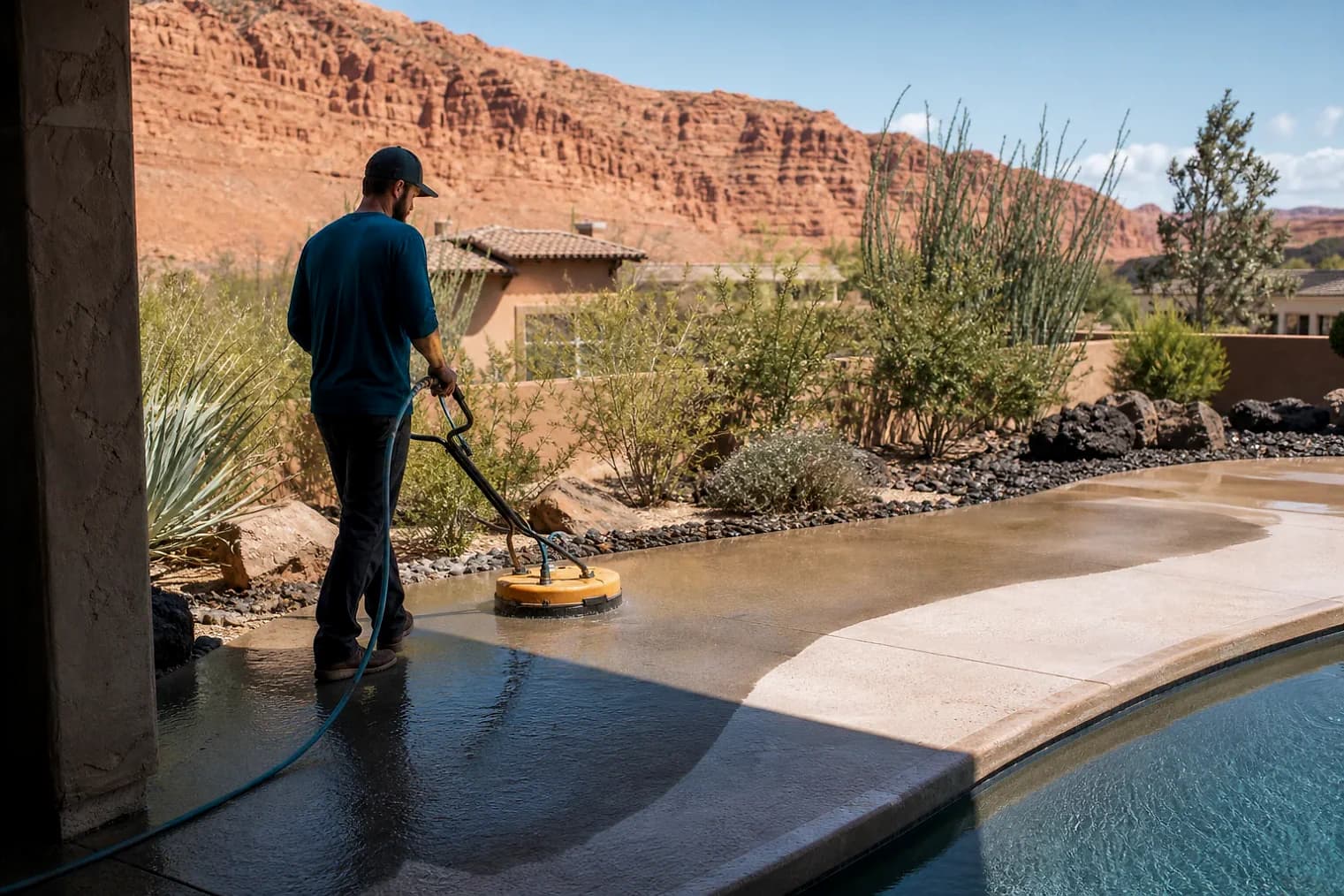 Exterior-cleaning scene inspired by Ivins, Utah, with characteristic southwest Utah landscape