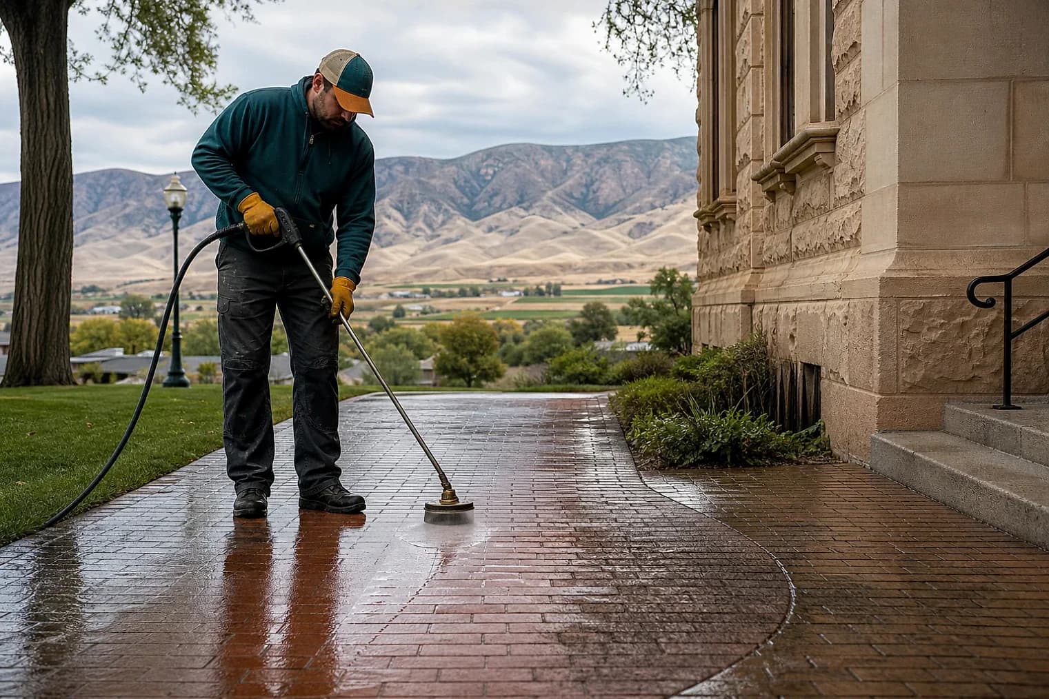 Exterior-cleaning scene inspired by Joseph, Utah, with characteristic central Utah landscape