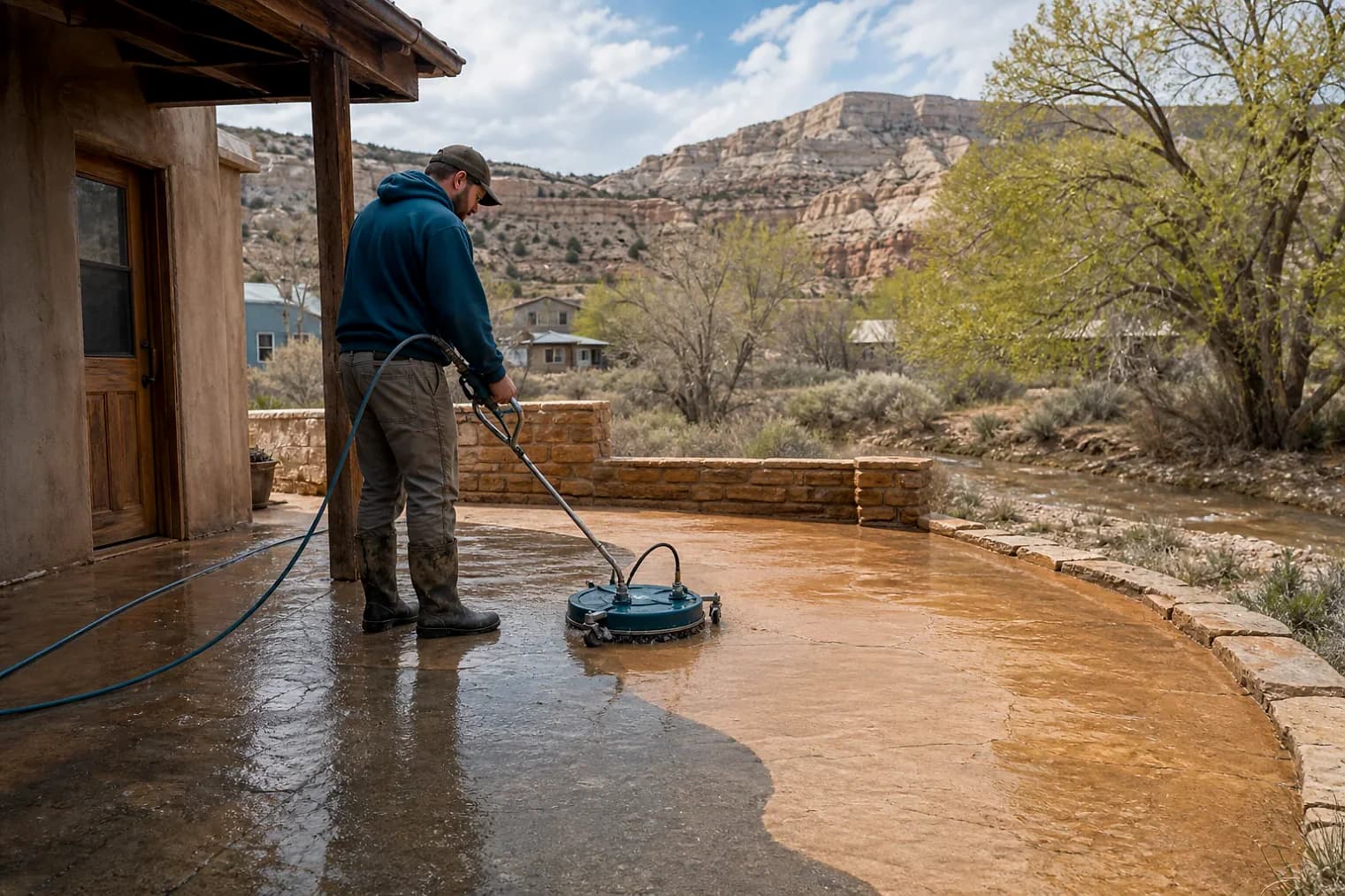 Exterior-cleaning scene inspired by Junction, Utah, with characteristic Utah's canyon country landscape