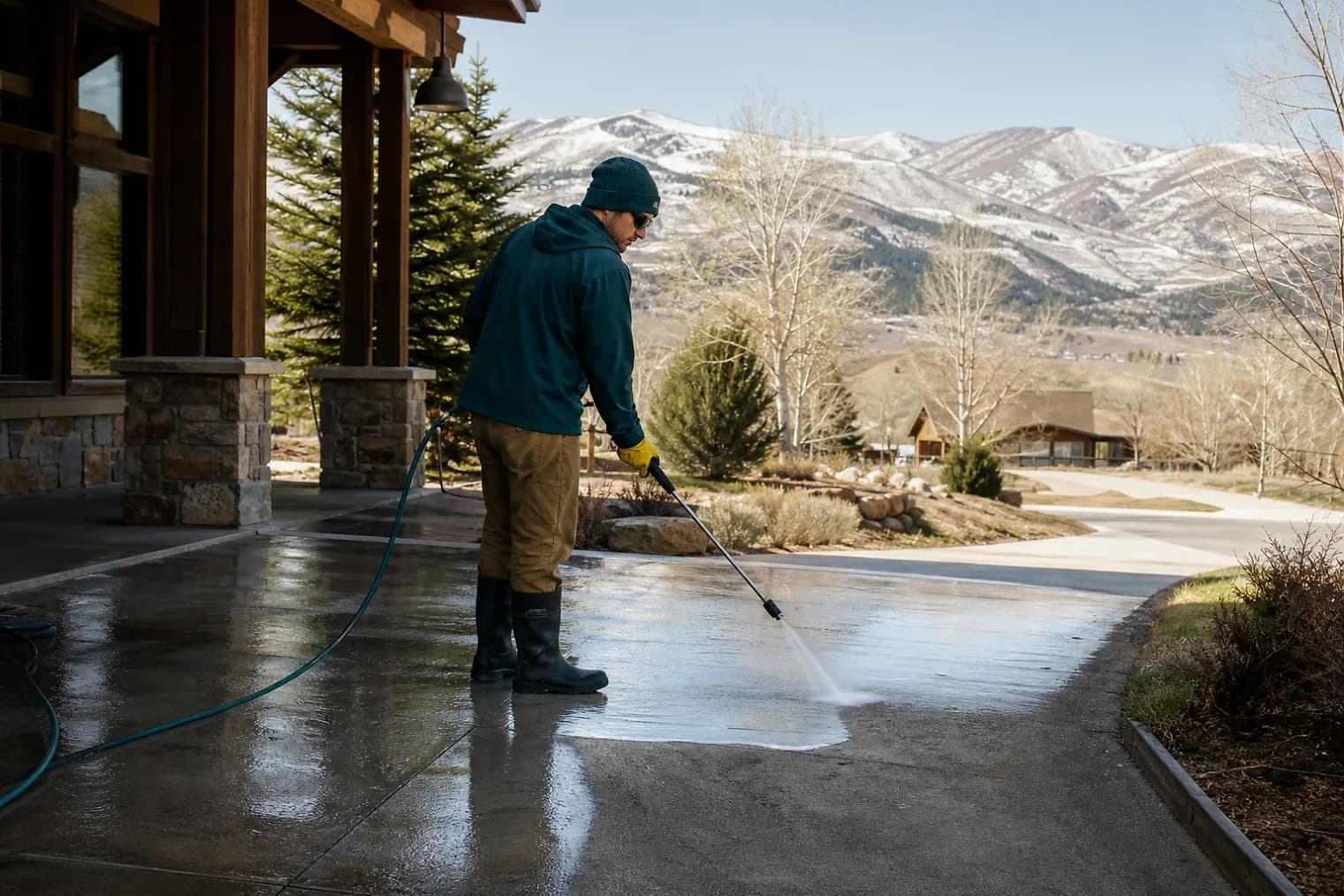 Exterior-cleaning scene inspired by Kamas, Utah, with characteristic Utah's mountain valleys landscape