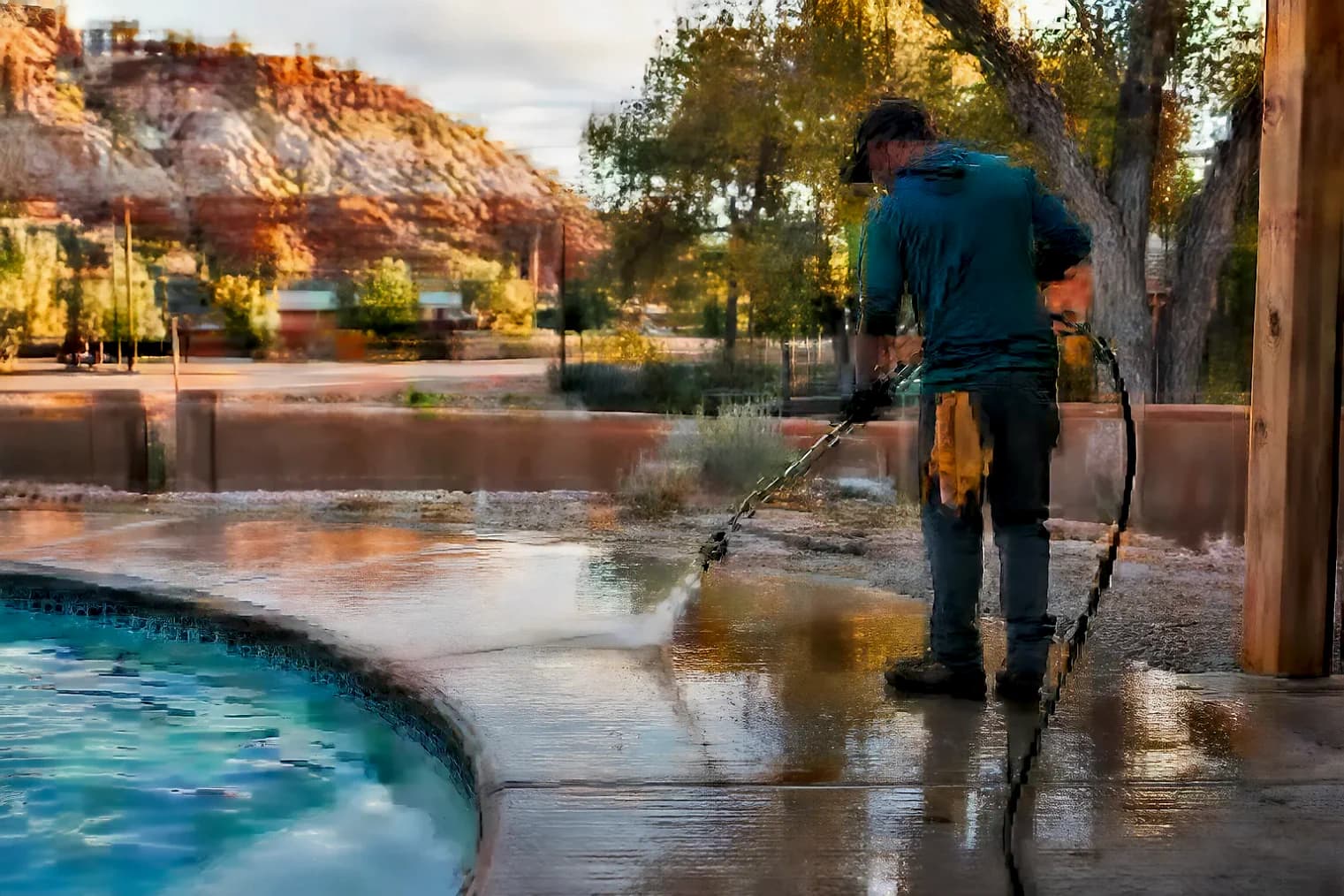Exterior-cleaning scene inspired by Kanab, Utah, with characteristic southwest Utah landscape