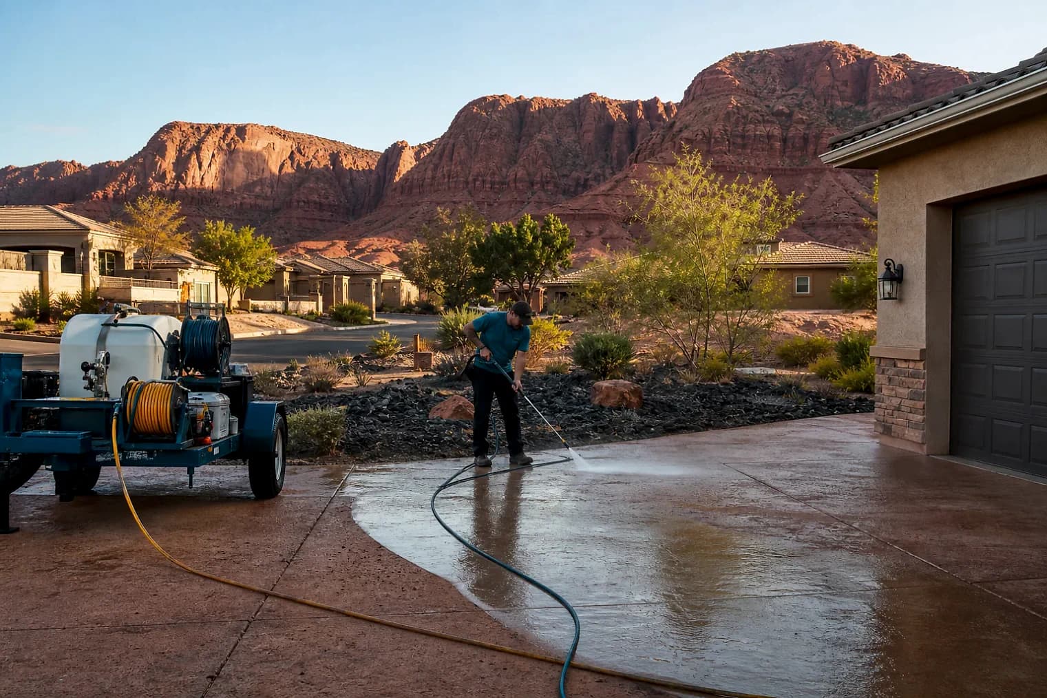Exterior-cleaning scene inspired by Kanarraville, Utah, with characteristic southwest Utah landscape