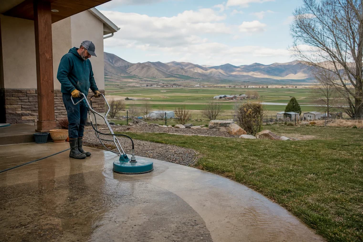 Exterior-cleaning scene inspired by Kanosh, Utah, with characteristic central Utah landscape