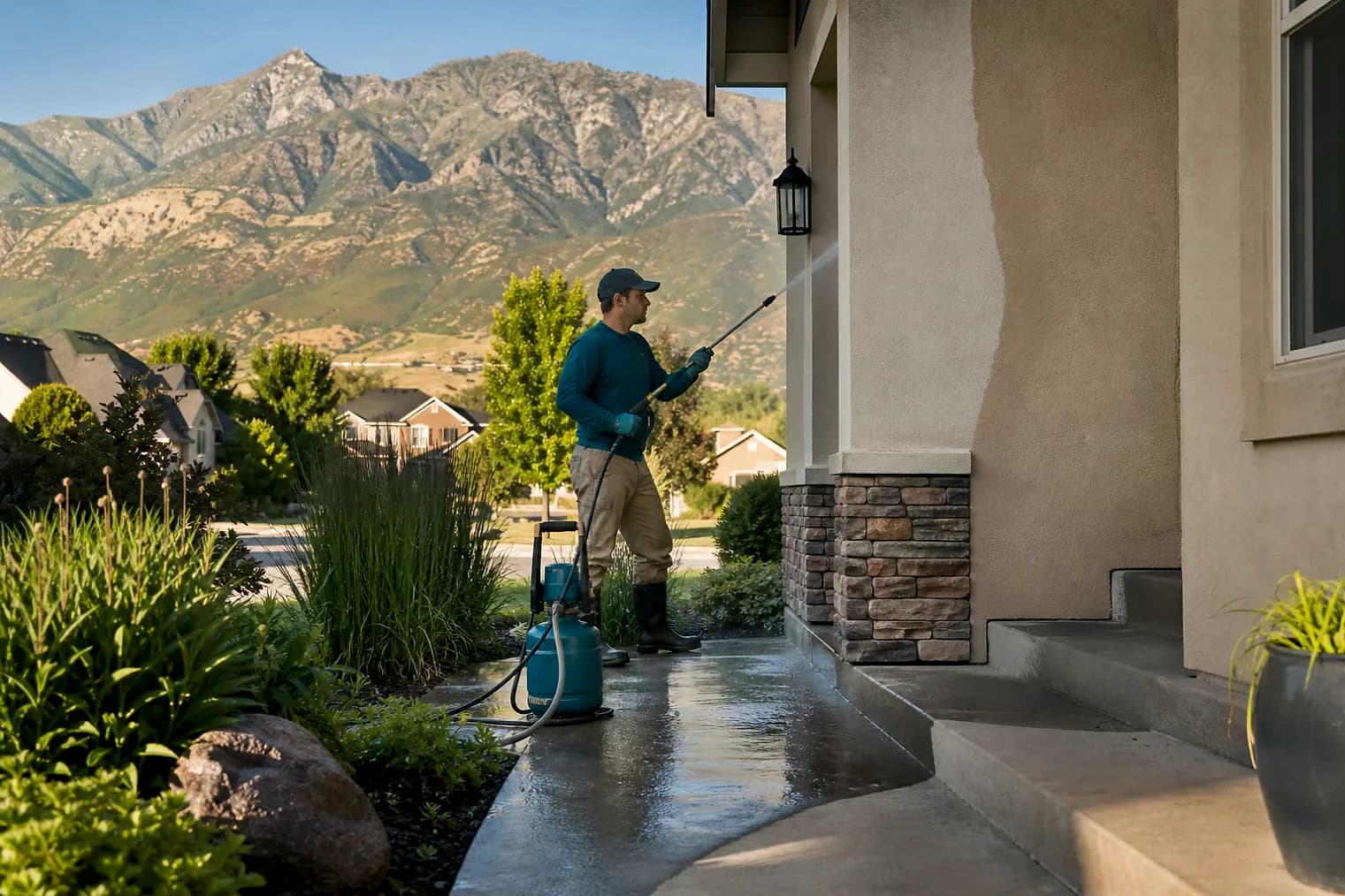 Exterior-cleaning scene inspired by Kaysville, Utah, with characteristic the Wasatch Front landscape