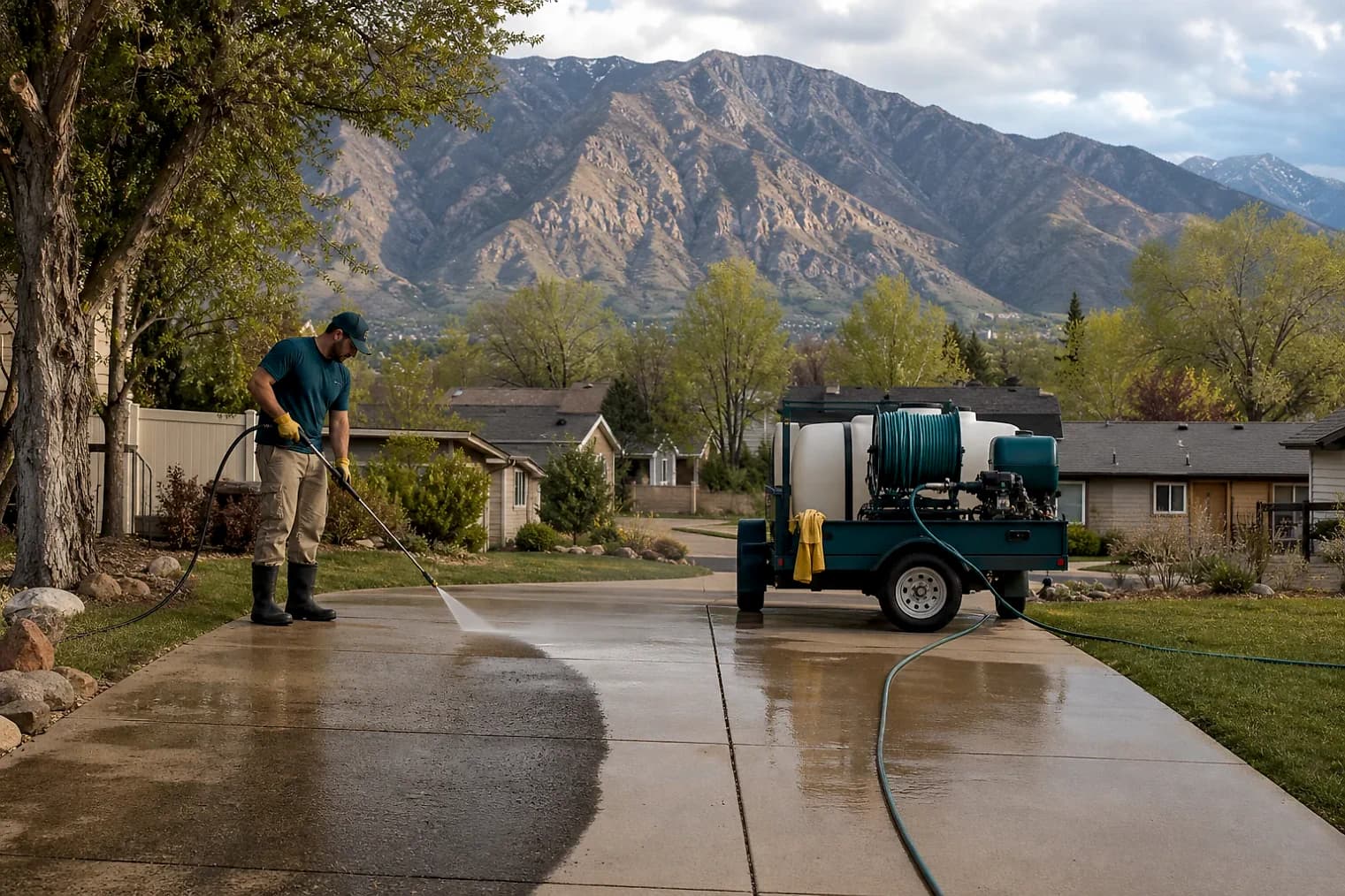 Exterior-cleaning scene inspired by Kearns, Utah, with characteristic the Wasatch Front landscape