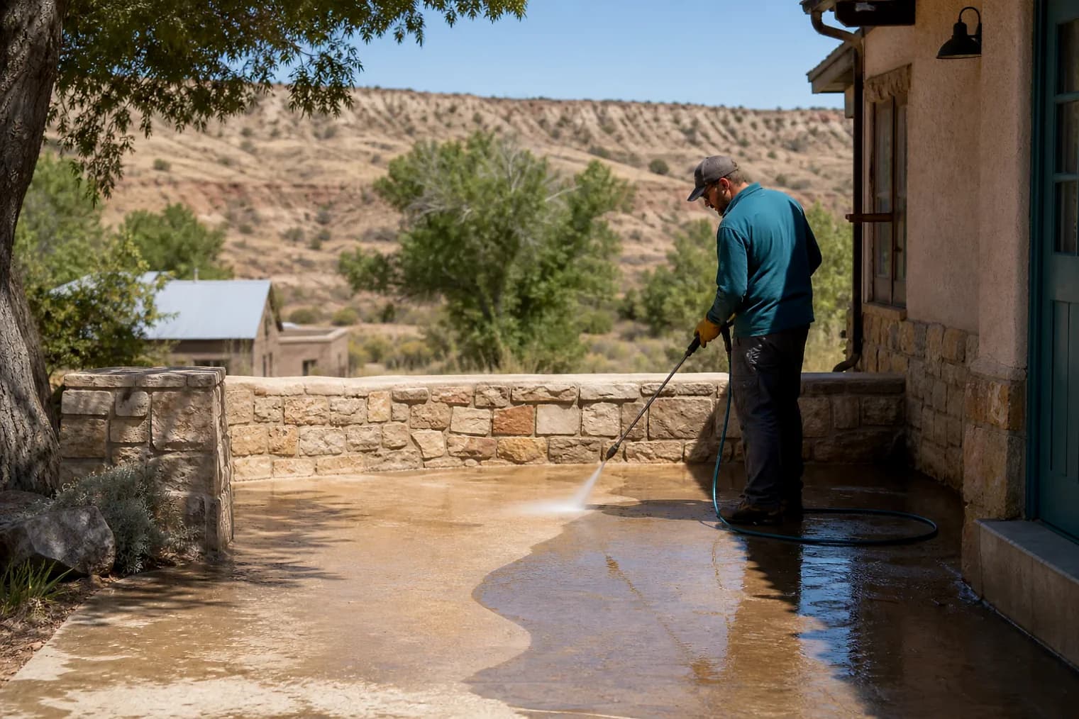 Exterior-cleaning scene inspired by Kingston, Utah, with characteristic Utah's canyon country landscape