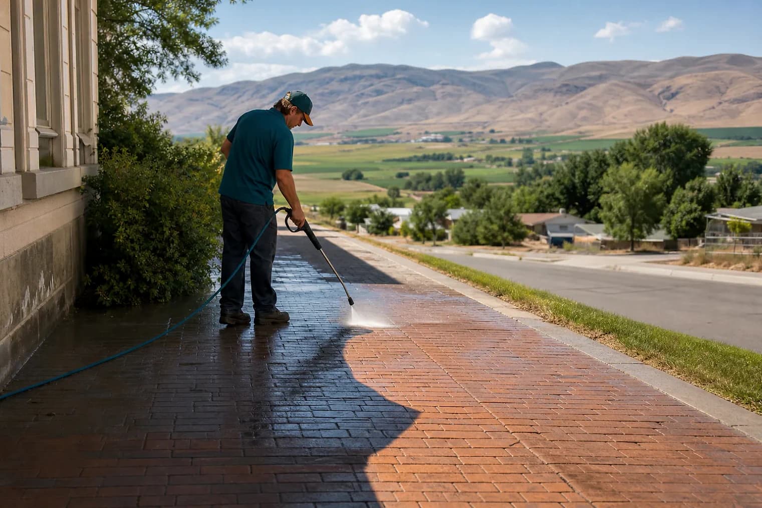 Exterior-cleaning scene inspired by Koosharem, Utah, with characteristic central Utah landscape