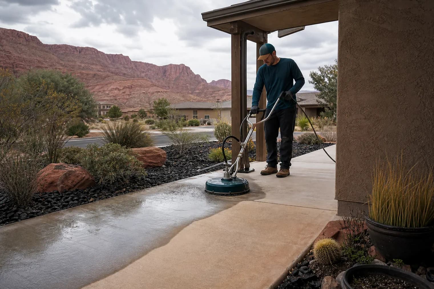 Exterior-cleaning scene inspired by La Verkin, Utah, with characteristic southwest Utah landscape