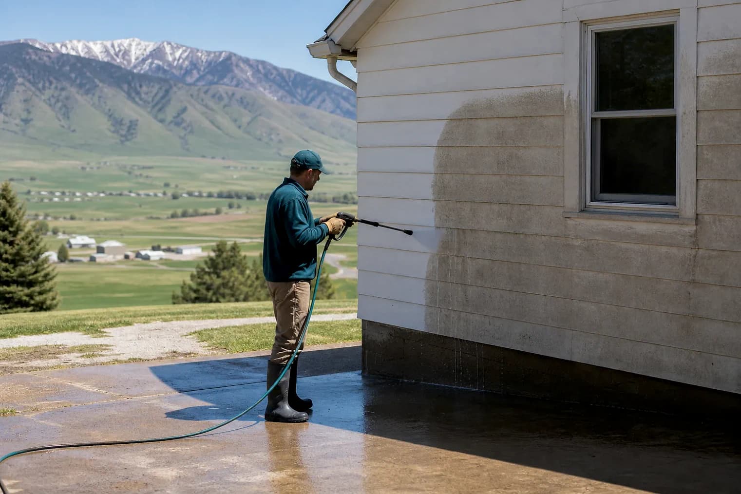 Exterior-cleaning scene inspired by Laketown, Utah, with characteristic Cache Valley and far northern Utah landscape