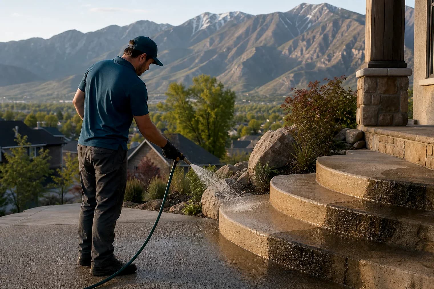 Exterior-cleaning scene inspired by Layton, Utah, with characteristic the Wasatch Front landscape
