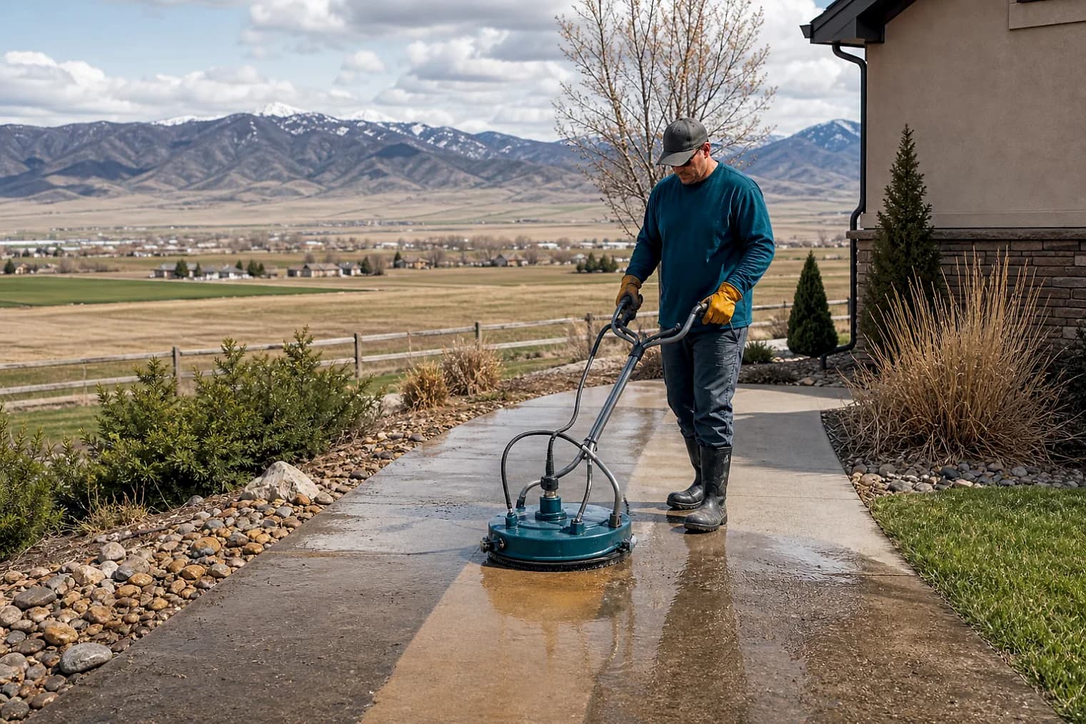 Exterior-cleaning scene inspired by Leamington, Utah, with characteristic central Utah landscape