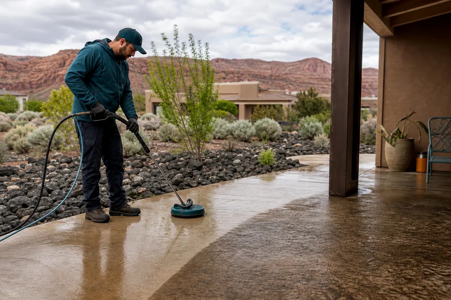 Exterior-cleaning scene inspired by Leeds, Utah, with characteristic southwest Utah landscape