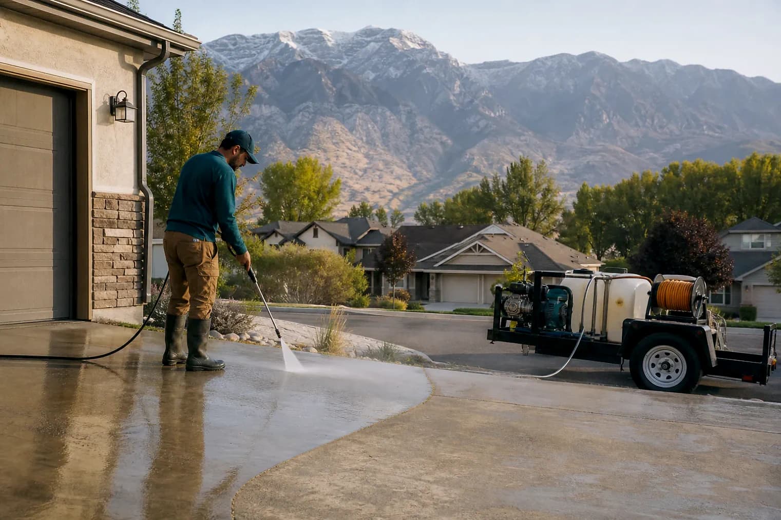 Exterior-cleaning scene inspired by Lehi, Utah, with characteristic the Wasatch Front landscape