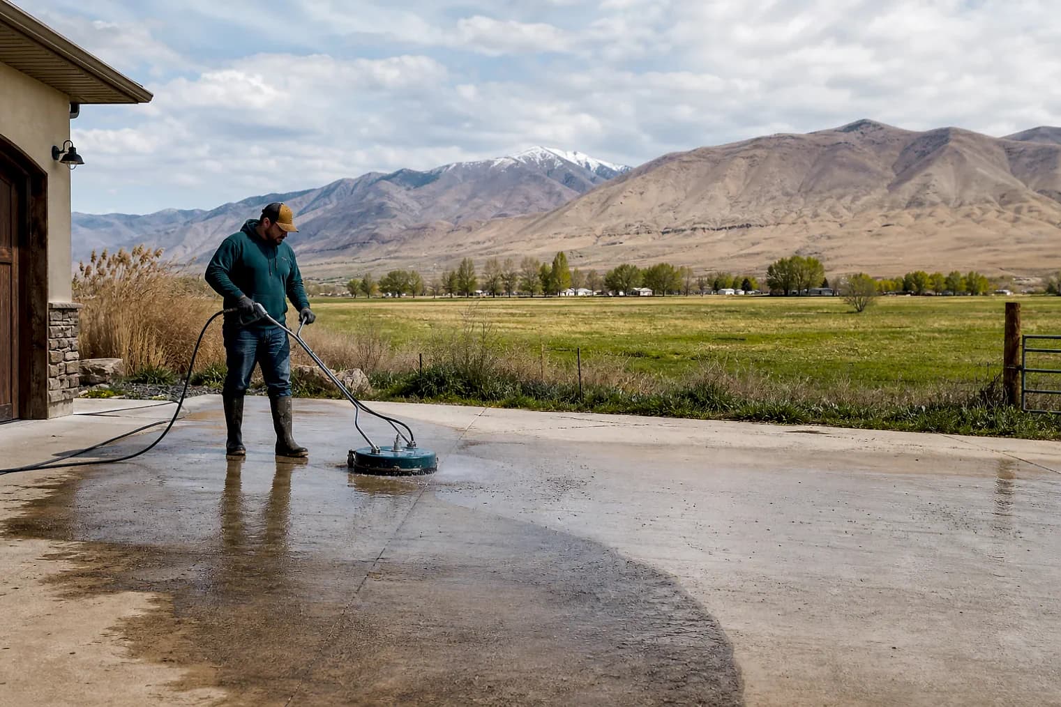 Exterior-cleaning scene inspired by Levan, Utah, with characteristic central Utah landscape