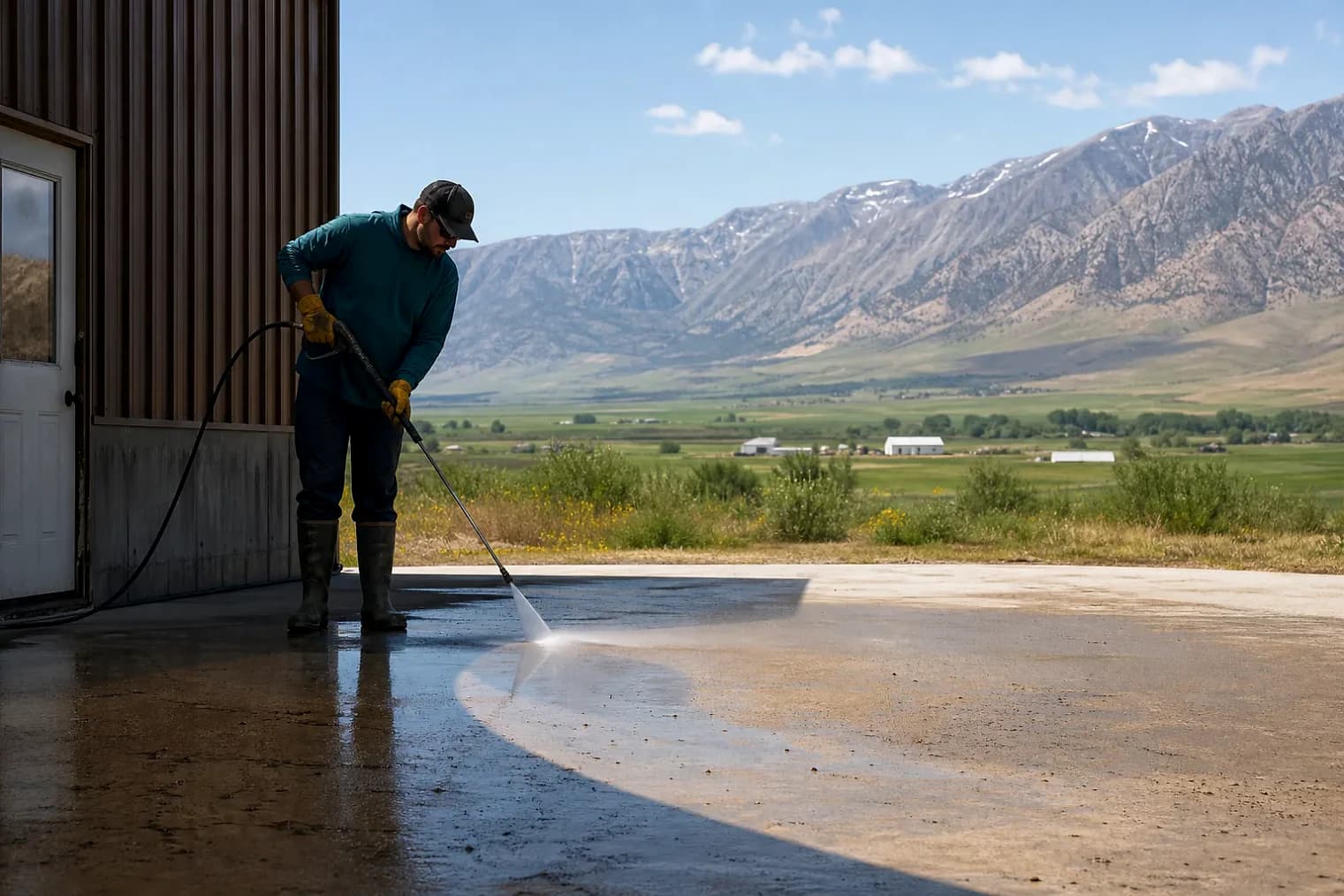 Exterior-cleaning scene inspired by Lewiston, Utah, with characteristic Cache Valley and far northern Utah landscape