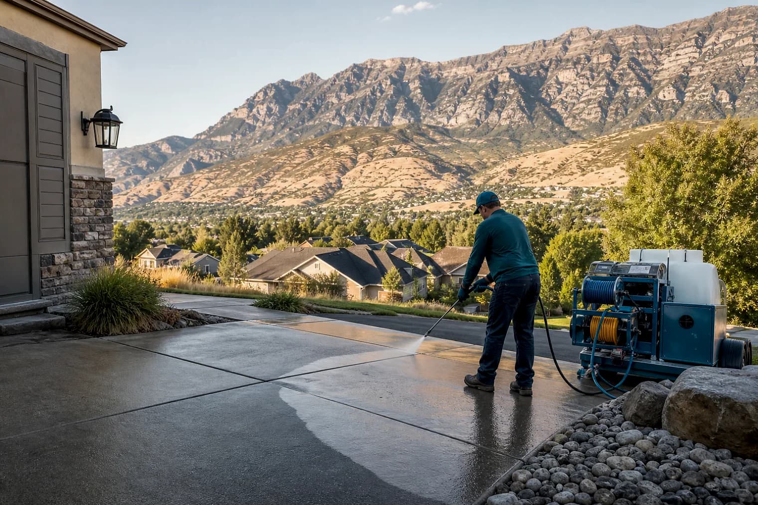 Exterior-cleaning scene inspired by Lindon, Utah, with characteristic the Wasatch Front landscape