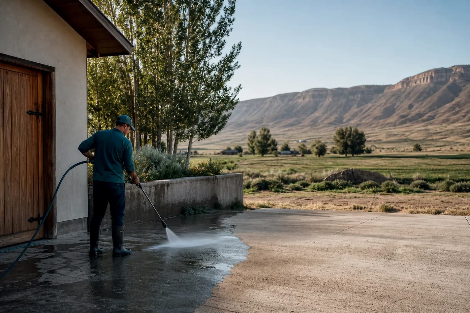 Exterior-cleaning scene inspired by Loa, Utah, with characteristic central Utah landscape