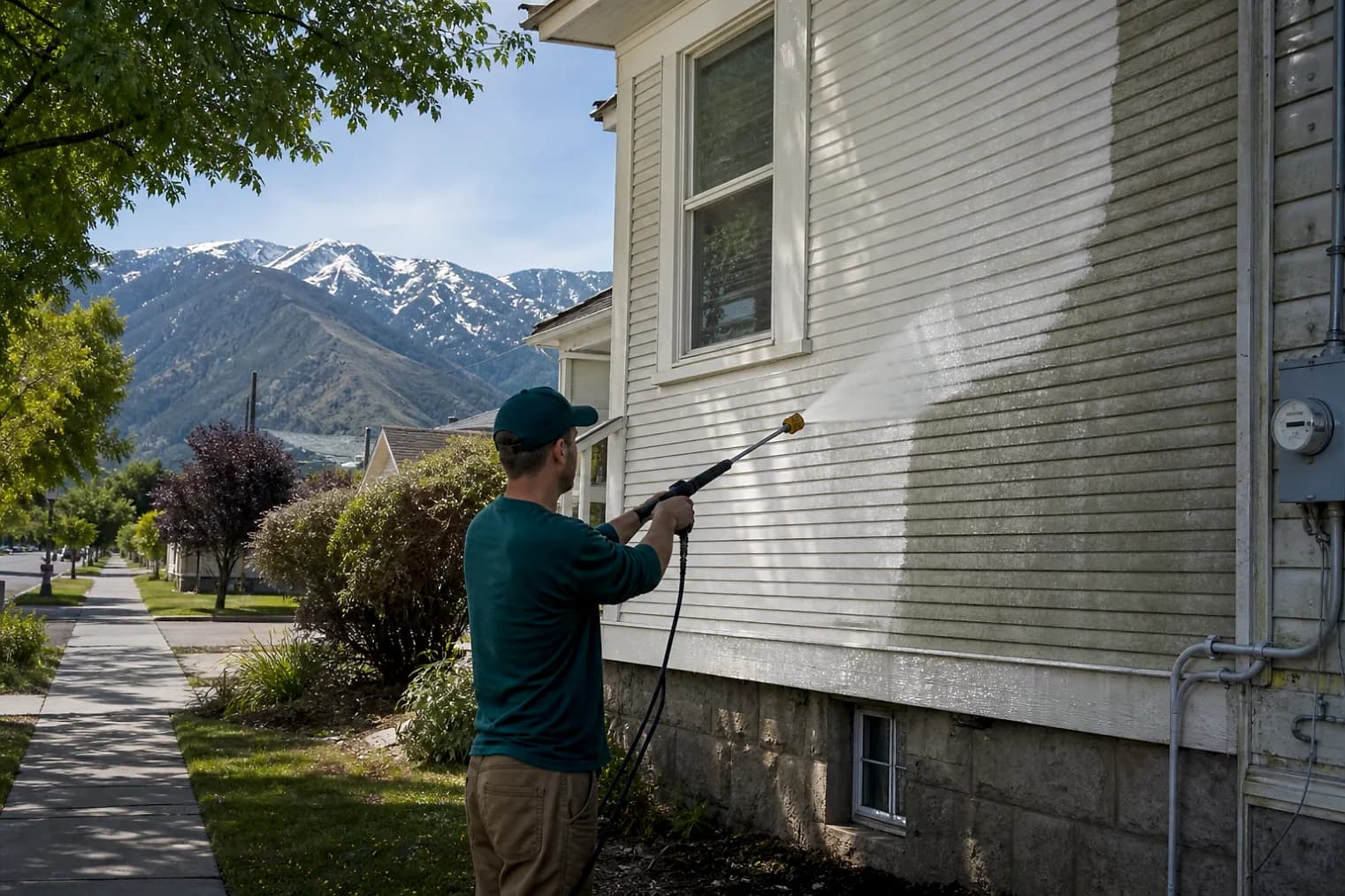Exterior-cleaning scene inspired by Logan, Utah, with characteristic Cache Valley and far northern Utah landscape