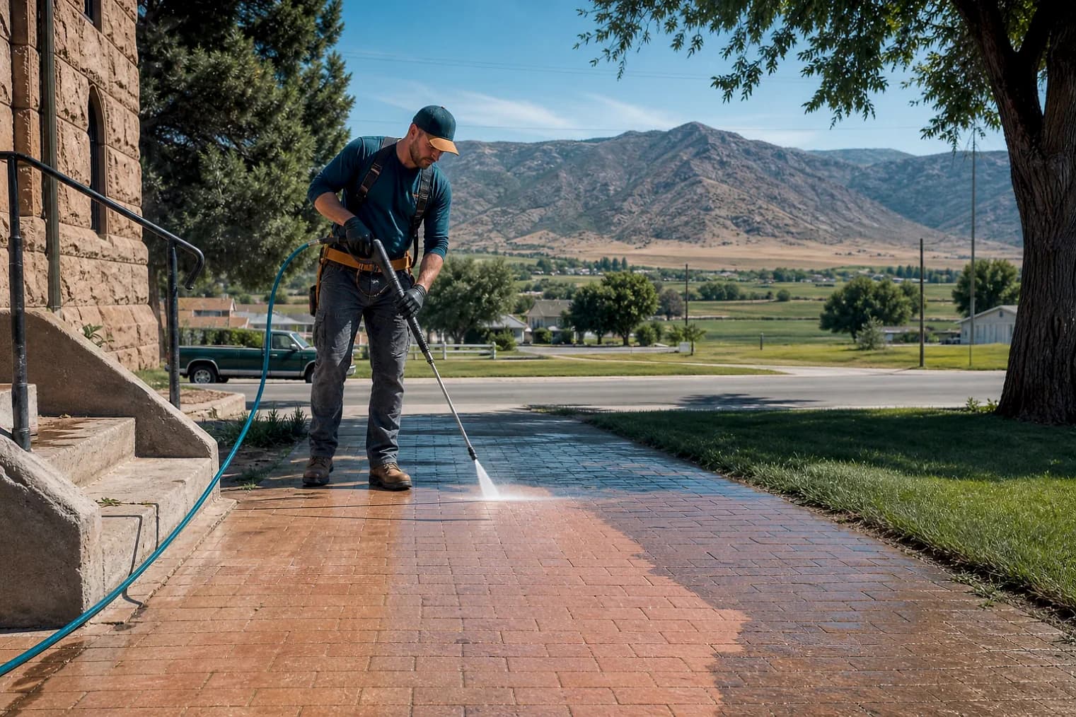 Exterior-cleaning scene inspired by Lyman, Utah, with characteristic central Utah landscape