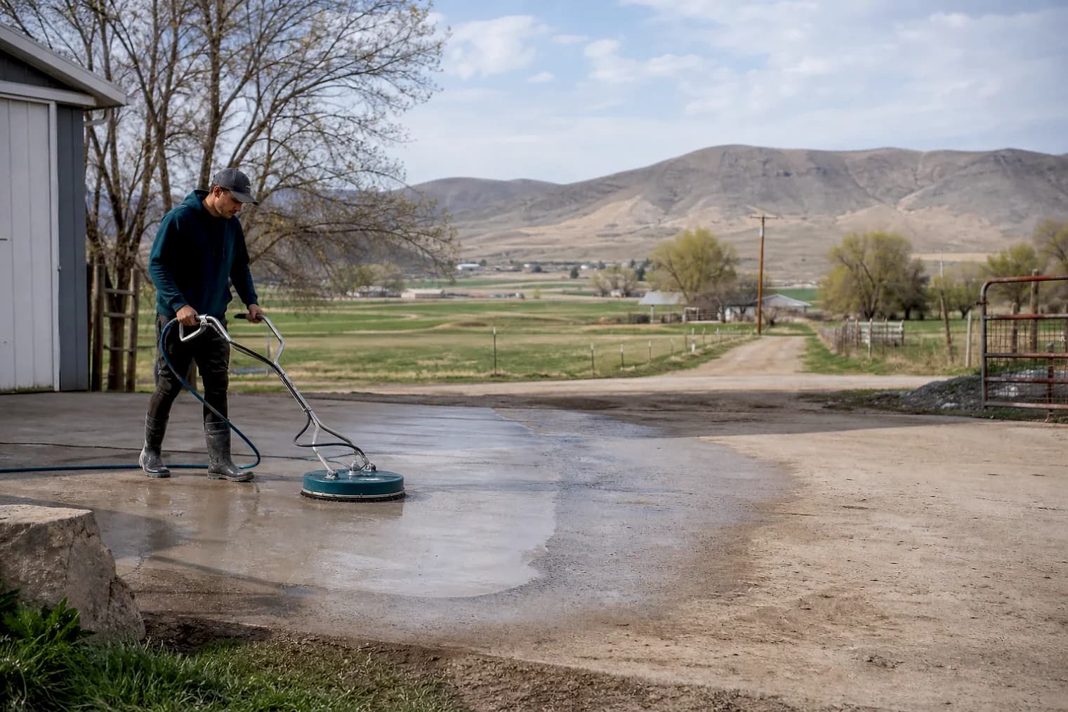 Exterior-cleaning scene inspired by Lynndyl, Utah, with characteristic central Utah landscape