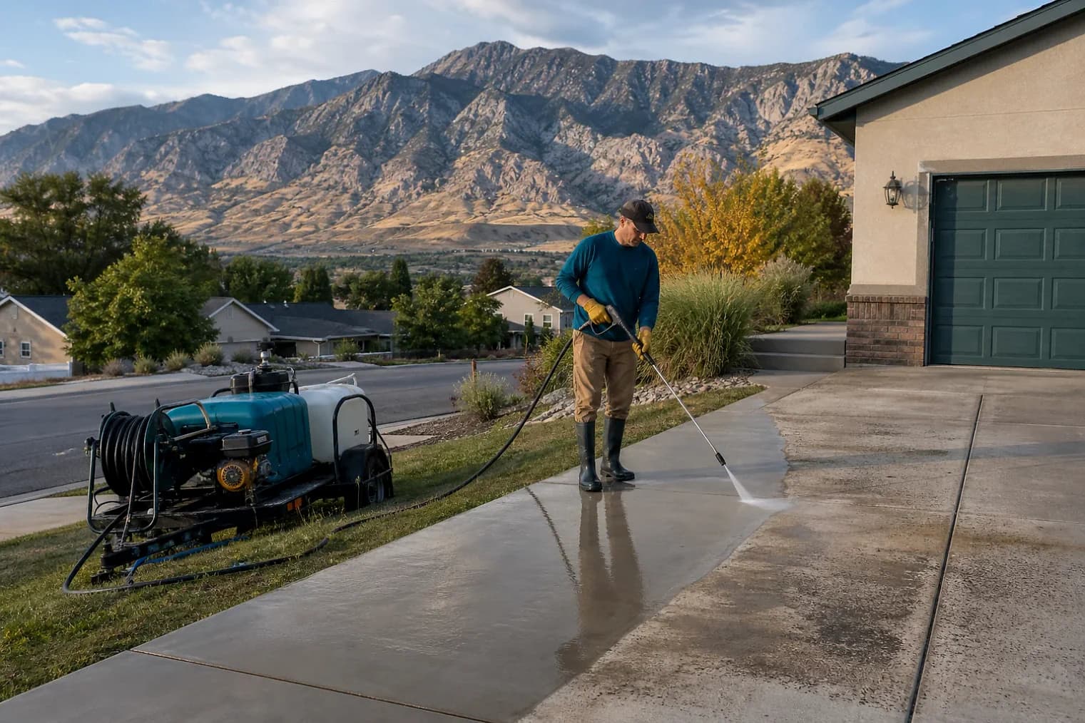 Exterior-cleaning scene inspired by Magna, Utah, with characteristic the Wasatch Front landscape