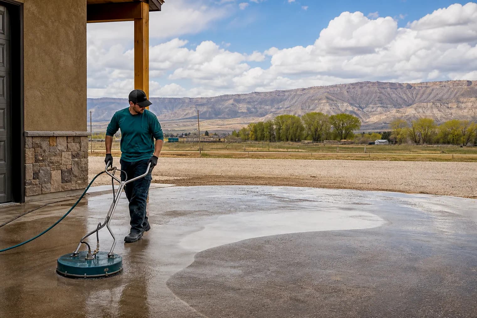 Exterior-cleaning scene inspired by Manila, Utah, with characteristic the Uintah Basin landscape