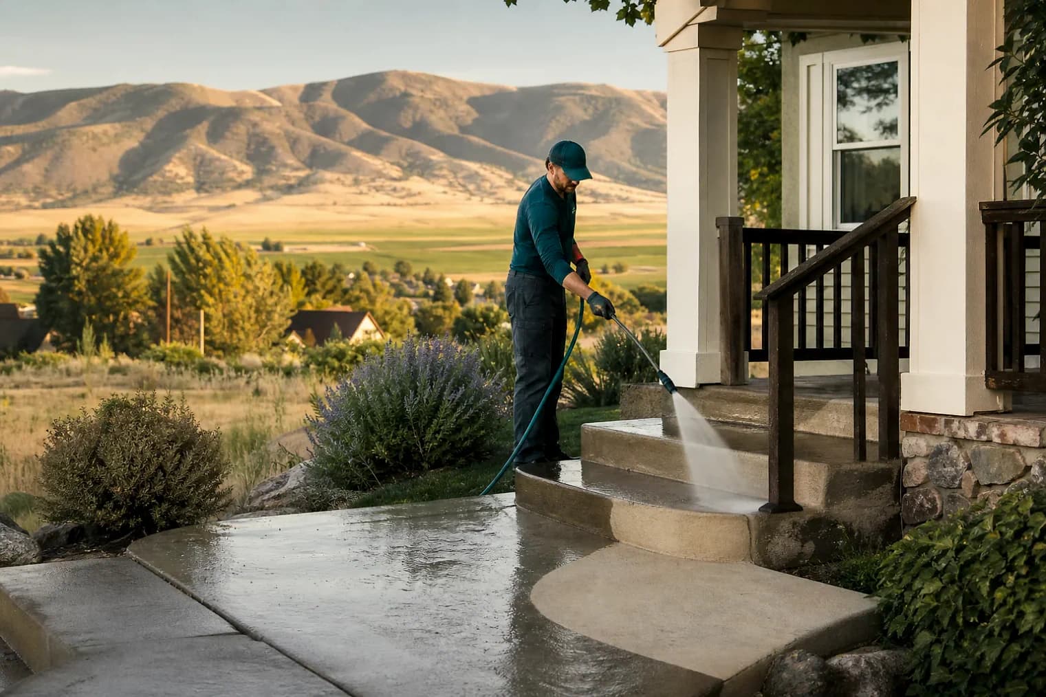 Exterior-cleaning scene inspired by Manti, Utah, with characteristic central Utah landscape