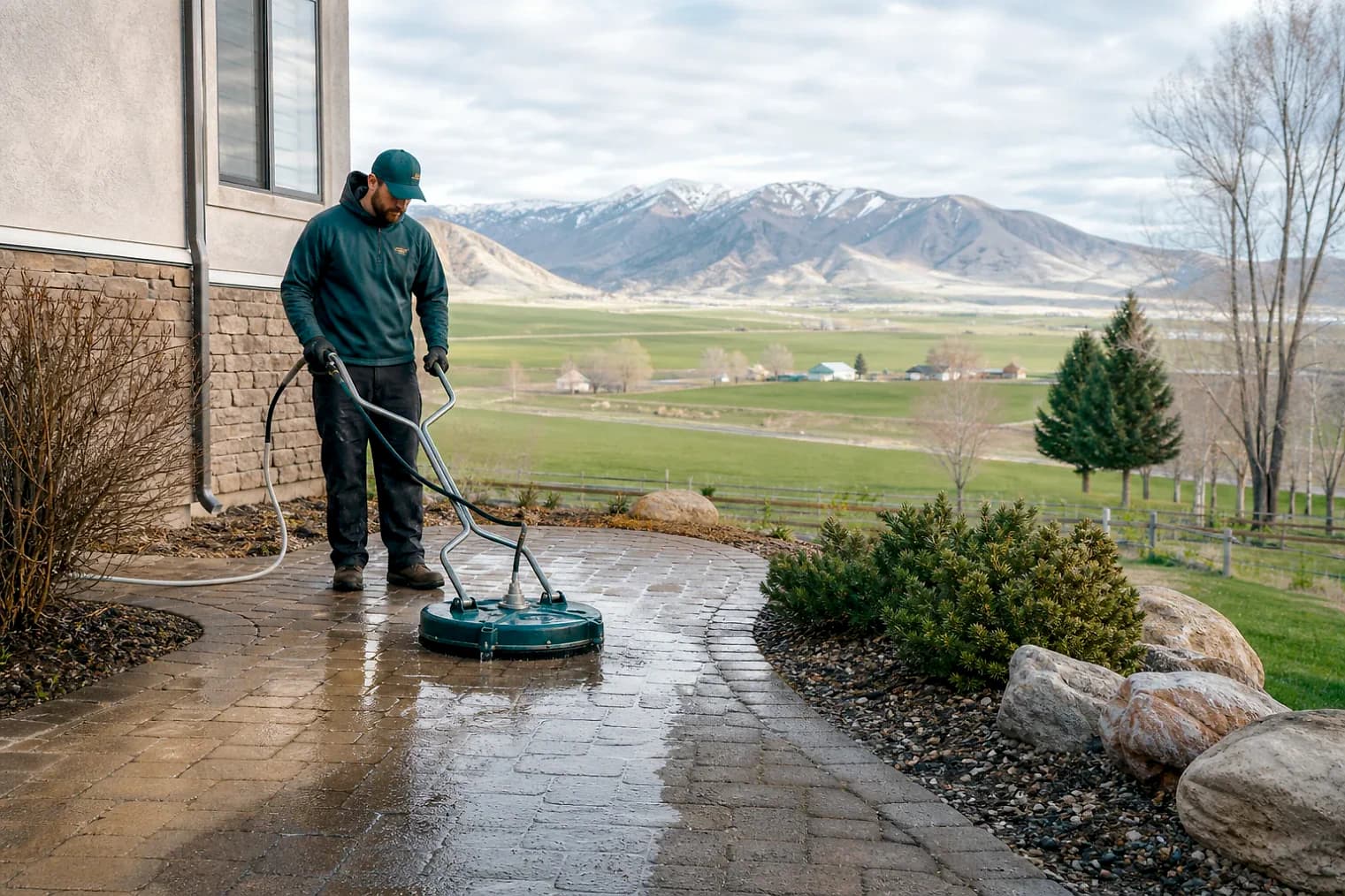 Exterior-cleaning scene inspired by Mantua, Utah, with characteristic Cache Valley and far northern Utah landscape
