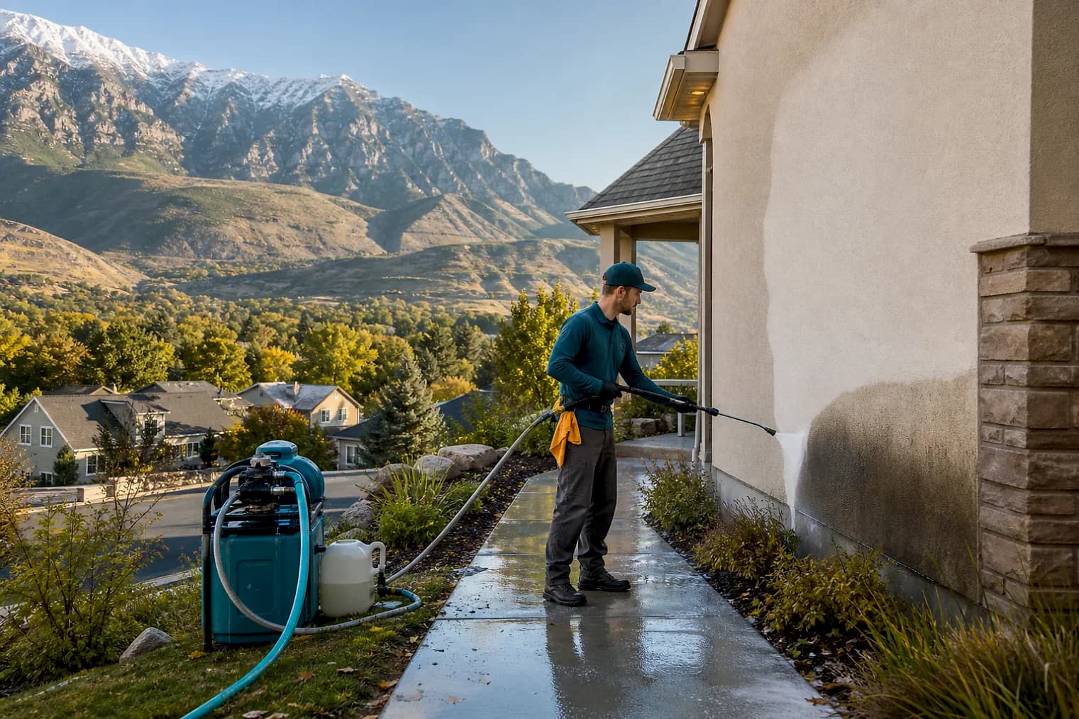 Exterior-cleaning scene inspired by Mapleton, Utah, with characteristic the Wasatch Front landscape