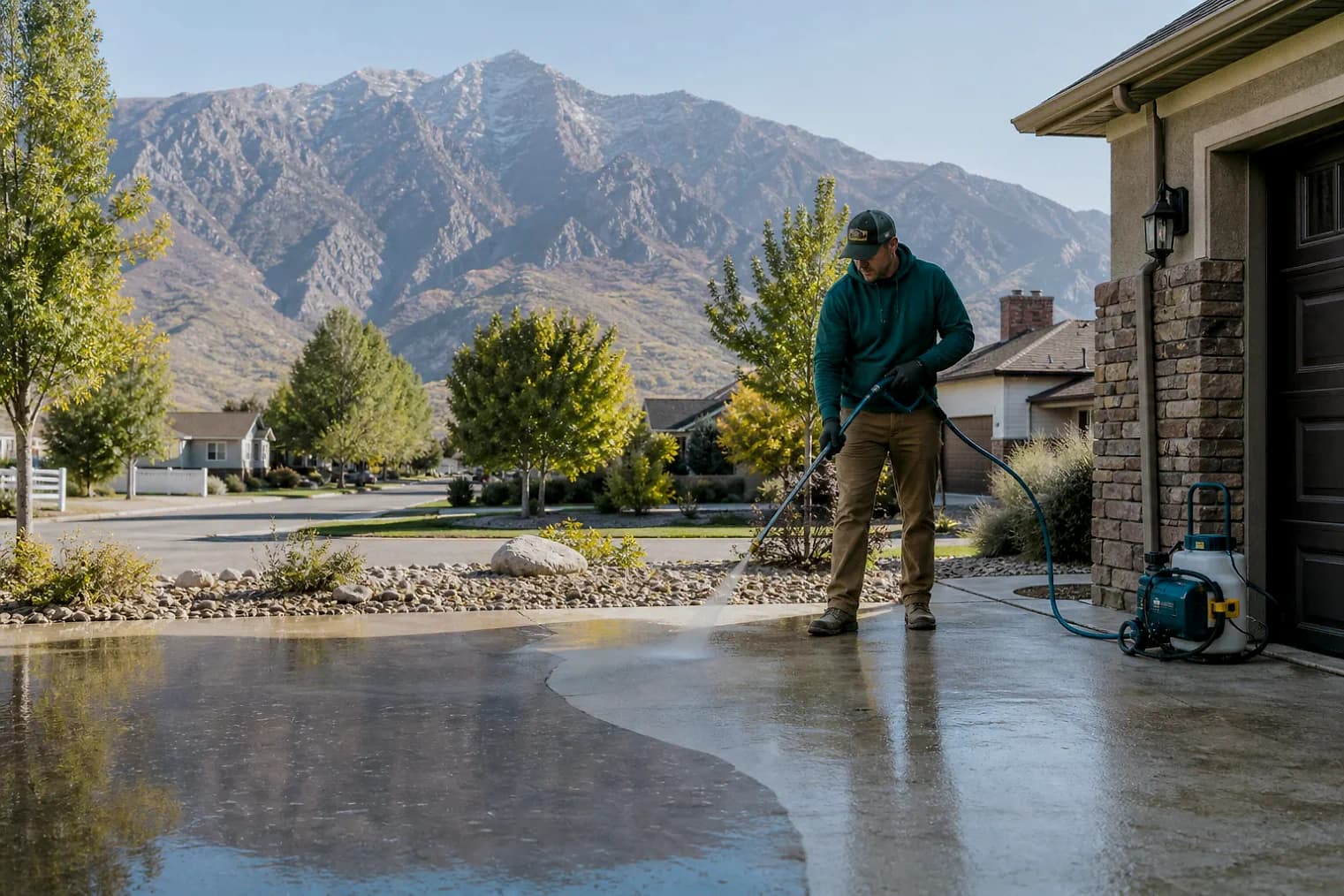 Exterior-cleaning scene inspired by Marriott-Slaterville, Utah, with characteristic the Wasatch Front landscape