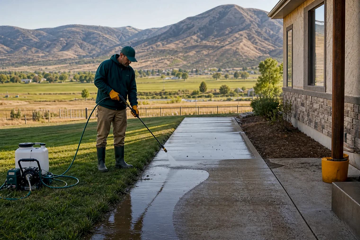 Exterior-cleaning scene inspired by Marysvale, Utah, with characteristic central Utah landscape