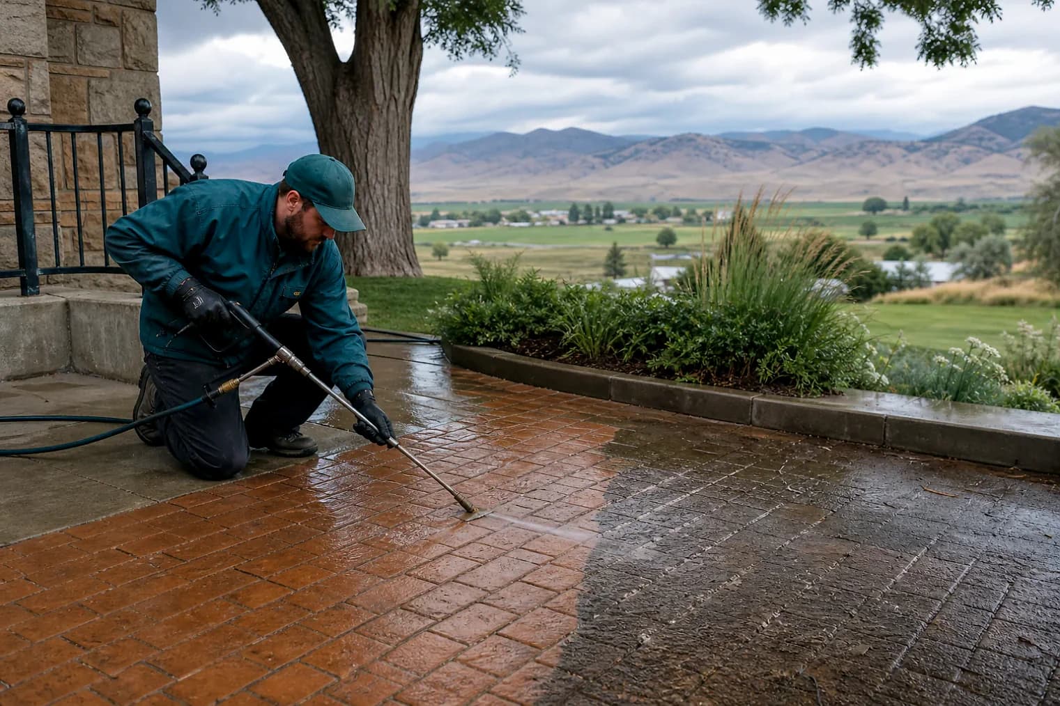 Exterior-cleaning scene inspired by Mayfield, Utah, with characteristic central Utah landscape