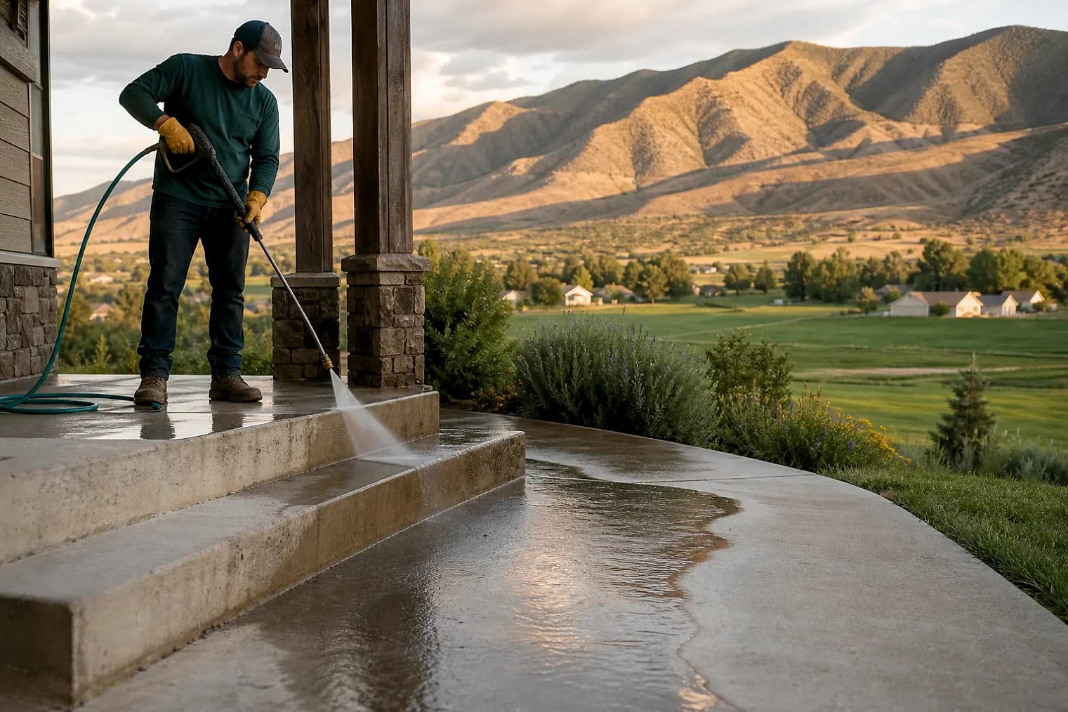 Exterior-cleaning scene inspired by Meadow, Utah, with characteristic central Utah landscape