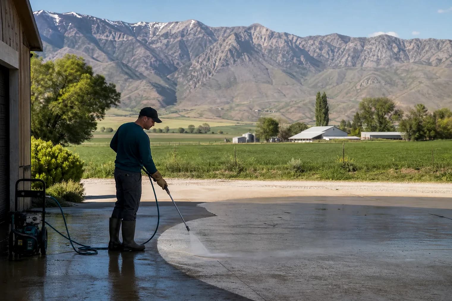 Exterior-cleaning scene inspired by Mendon, Utah, with characteristic Cache Valley and far northern Utah landscape