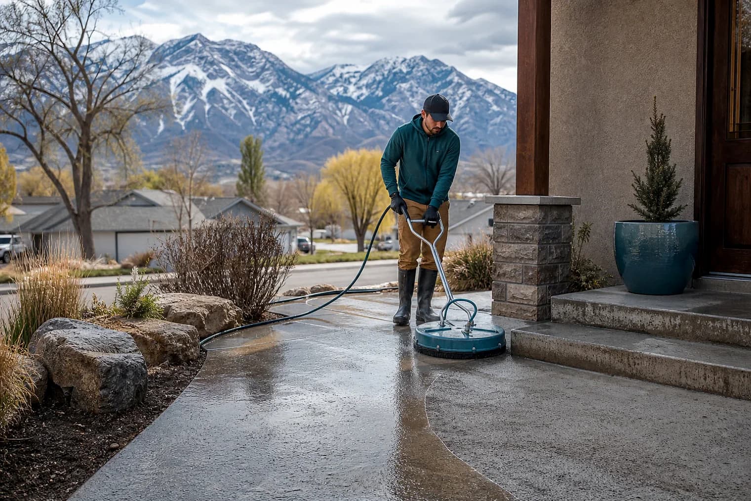 Exterior-cleaning scene inspired by Midvale, Utah, with characteristic the Wasatch Front landscape