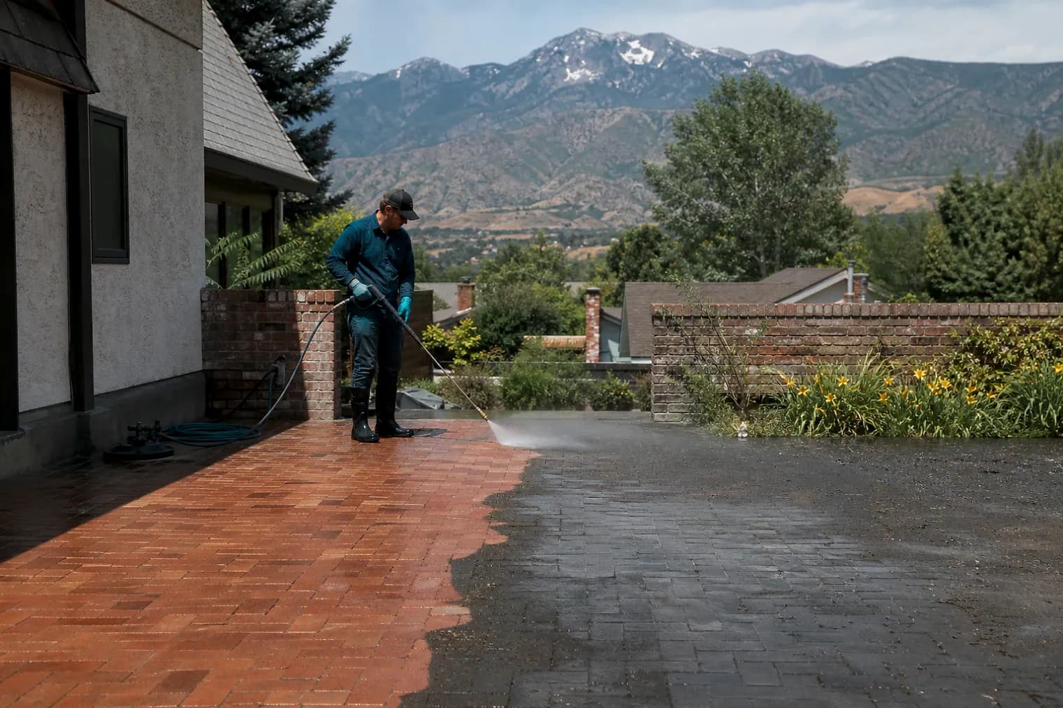 Exterior-cleaning scene inspired by Midway, Utah, with characteristic the Wasatch Front landscape