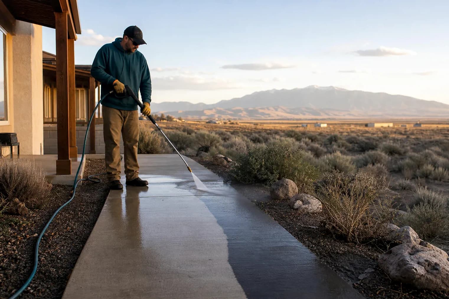 Exterior-cleaning scene inspired by Milford, Utah, with characteristic Utah's west desert landscape