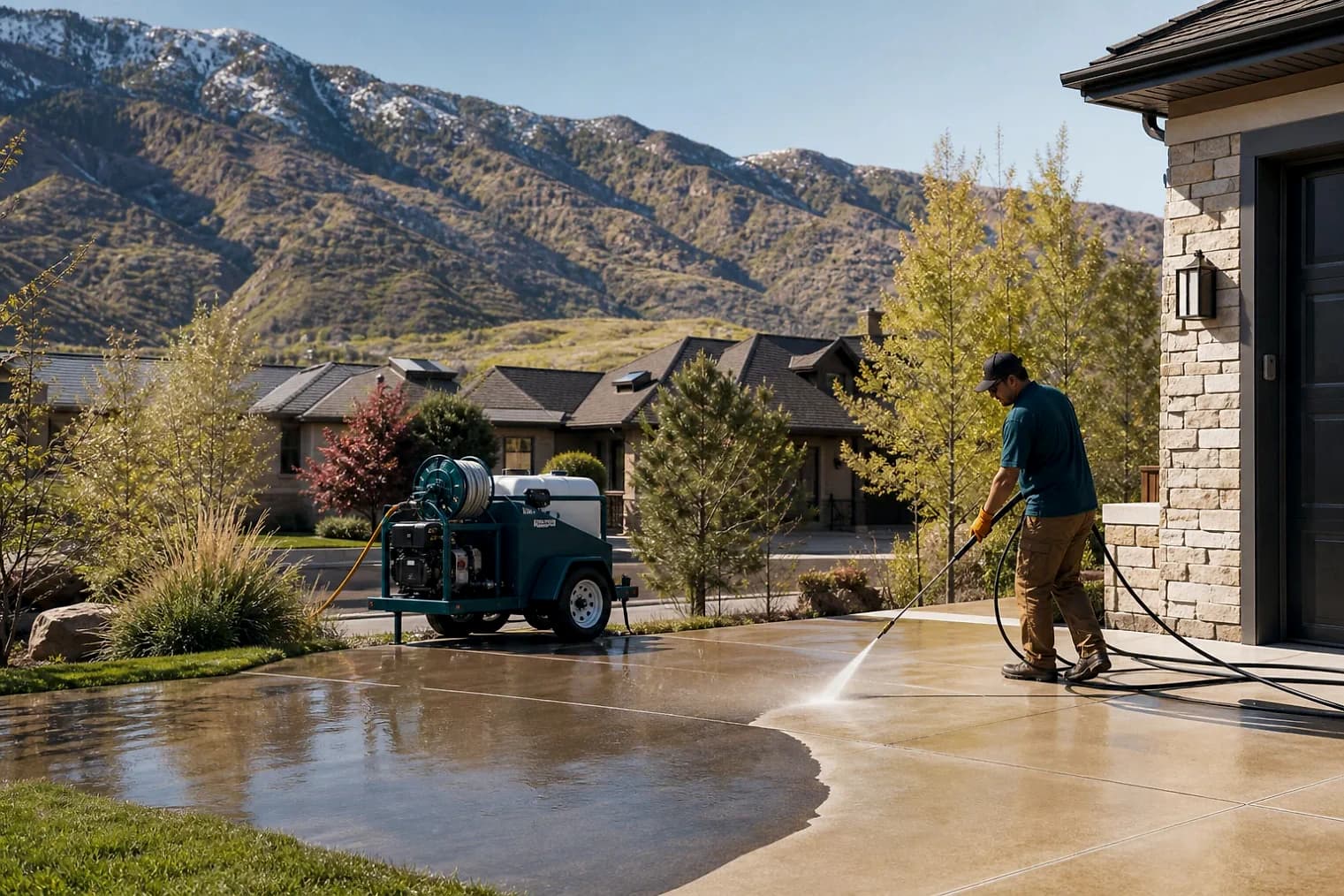 Exterior-cleaning scene inspired by Millcreek, Utah, with characteristic the Wasatch Front landscape