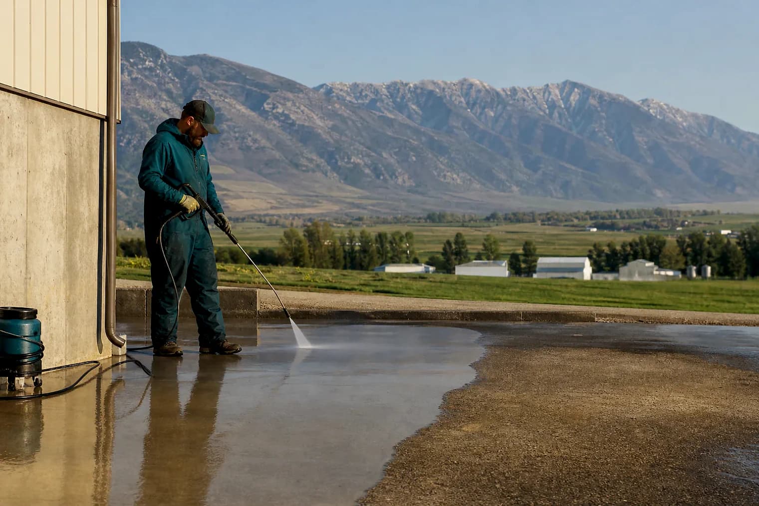 Exterior-cleaning scene inspired by Millville, Utah, with characteristic Cache Valley and far northern Utah landscape