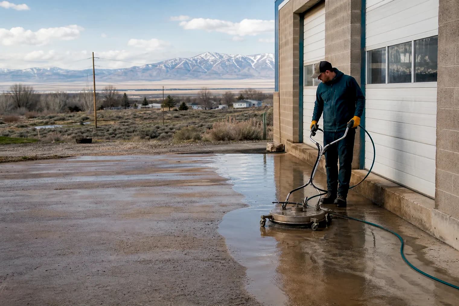 Exterior-cleaning scene inspired by Minersville, Utah, with characteristic Utah's west desert landscape