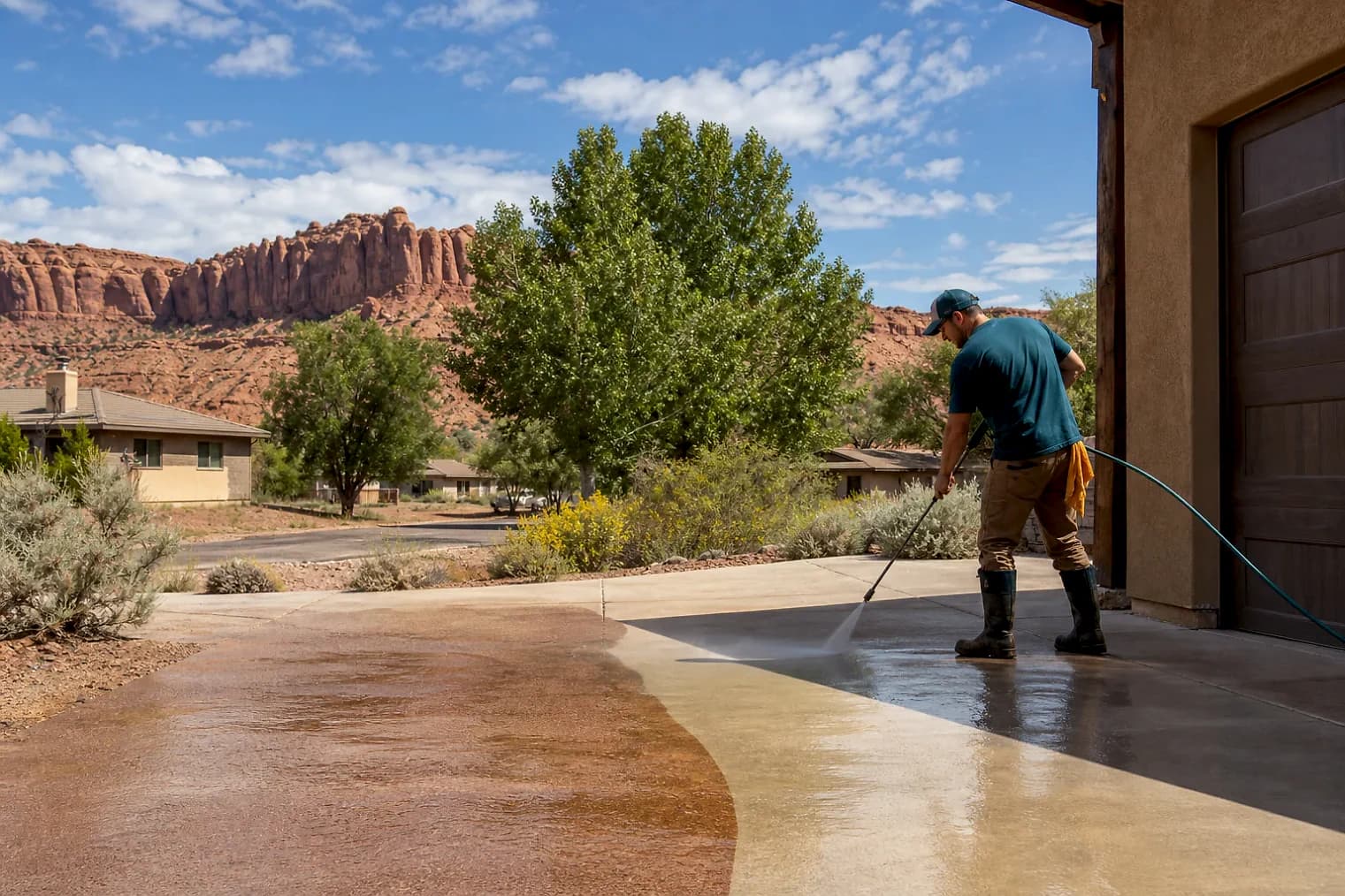 Exterior-cleaning scene inspired by Moab, Utah, with characteristic the Uintah Basin landscape