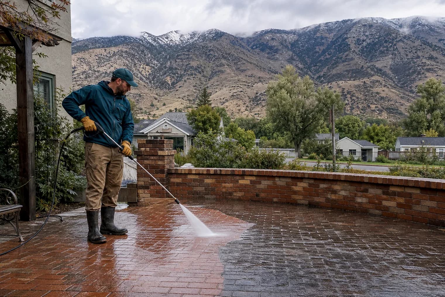 Exterior-cleaning scene inspired by Mona, Utah, with characteristic the Wasatch Front landscape