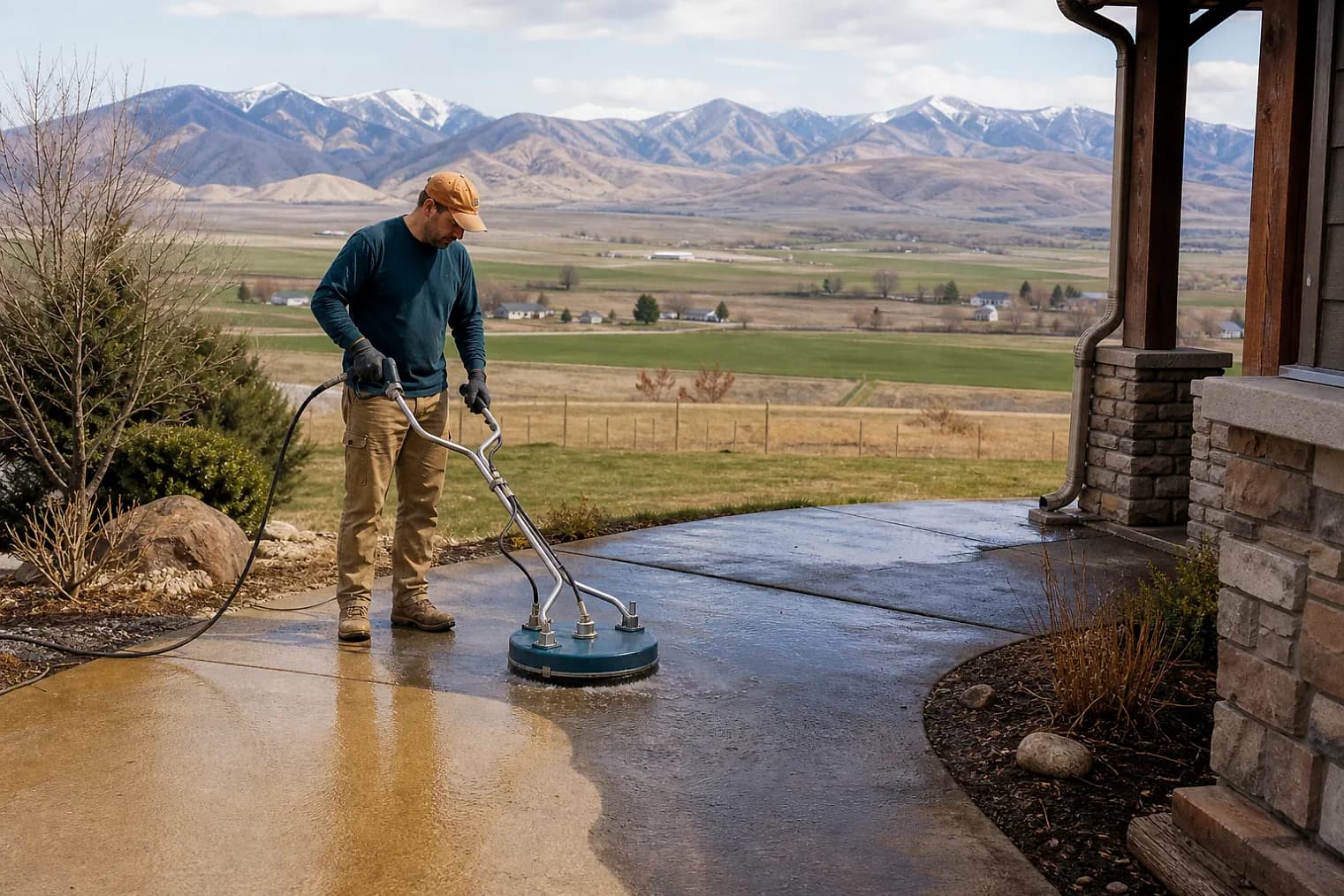 Exterior-cleaning scene inspired by Monroe, Utah, with characteristic central Utah landscape