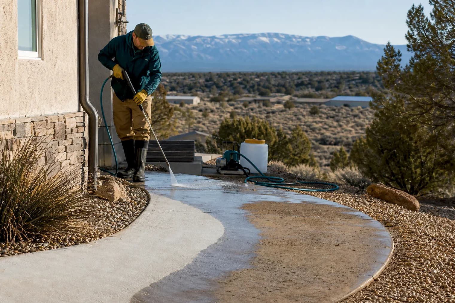 Exterior-cleaning scene inspired by Monticello, Utah, with characteristic Utah's canyon country landscape